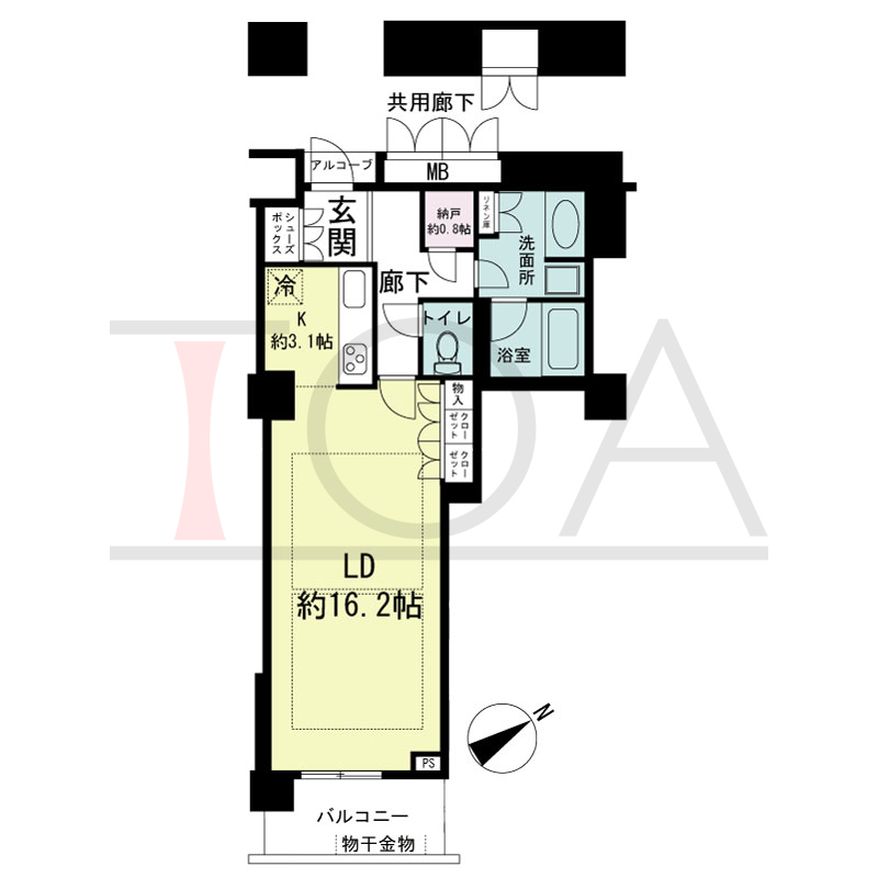 アーバンライフ神戸三宮ザ・タワーの間取り図 全7邸　東南向き住戸
1Room+N　専有面積53.77m2
(貯湯タンク置場1.16m2含む)
バルコニー面積5.77m2
アルコーブ面積1.04m2
