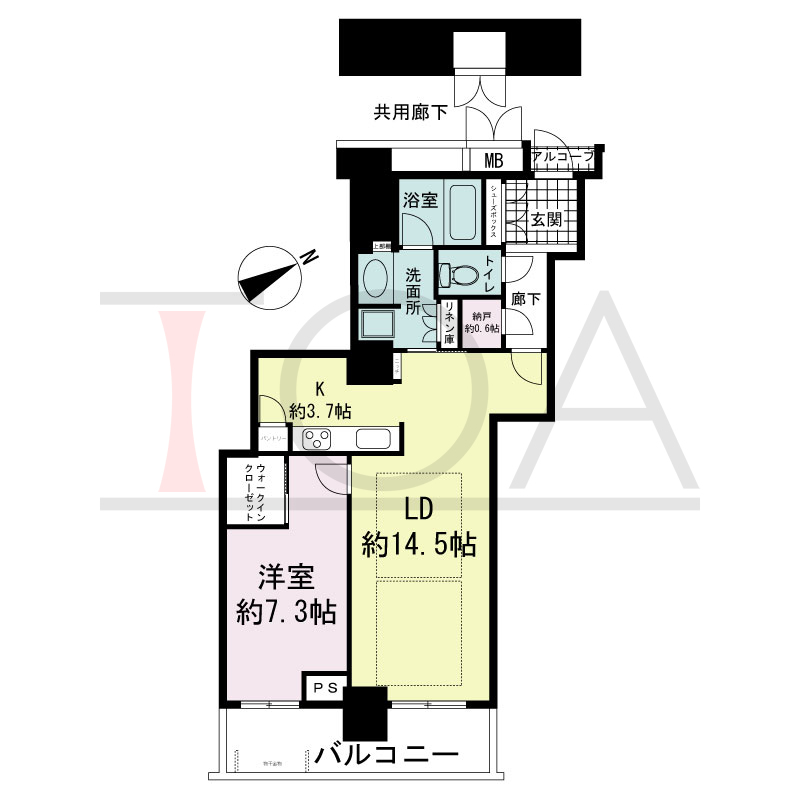 アーバンライフ神戸三宮ザ・タワーの間取り図 全7邸　東南向き住戸
1LDK+N　専有面積62.81m2
(貯湯タンク置場1.16m2含む)
バルコニー面積9.65m2
アルコーブ面積1.04m2