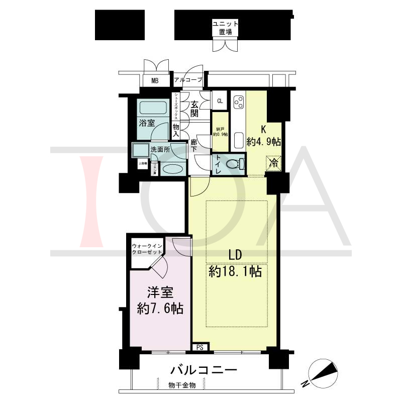 アーバンライフ神戸三宮ザ・タワーの間取り図 全7邸　北西向き住戸
1LDK+N　専有面積70.87m2
(貯湯タンク置場1.16m2含む)
バルコニー面積10.75m2
アルコーブ面積1.04m2