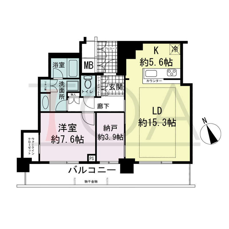 アーバンライフ神戸三宮ザ・タワーの間取り図 全5邸　南西向き住戸
1LDK+DEN　専有面積74.28m2
(貯湯タンク置場1.09m2含む)
バルコニー面積18.30m2
アルコーブ面積3.36m2