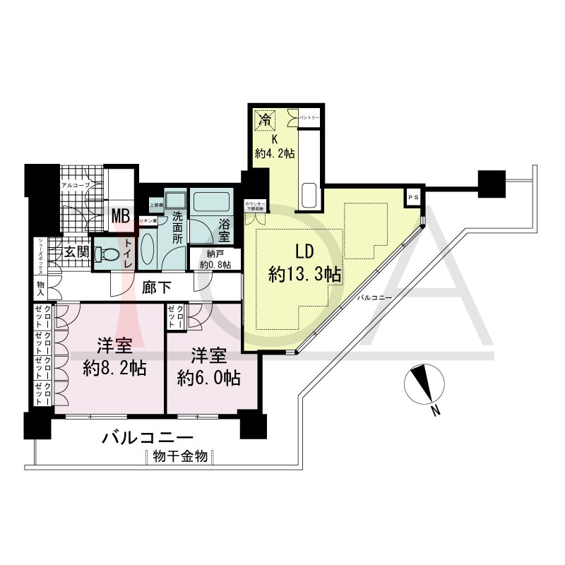 アーバンライフ神戸三宮ザ・タワーの間取り図 全6邸　　北西角住戸
2LDK+N　専有面積77.64m2
(貯湯タンク置場1.02m2含む)
バルコニー面積29.03m2
アルコーブ面積3.17m2