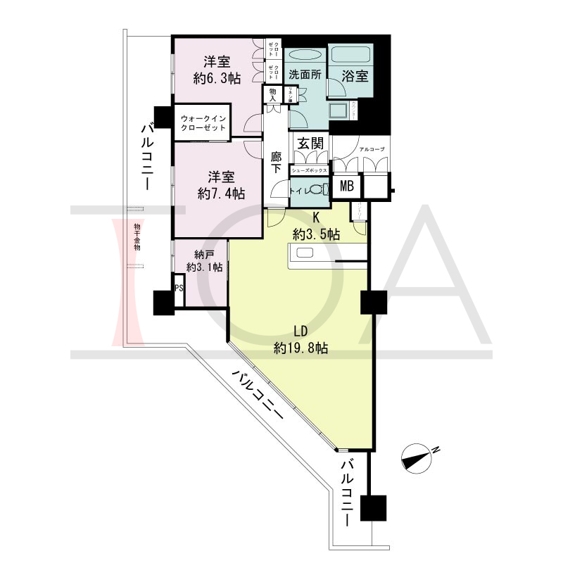 アーバンライフ神戸三宮ザ・タワーの間取り図 全2邸　南東角住戸
2LDK+DEN　専有面積92.09m2
(貯湯タンク置場1.09m2含む)
バルコニー面積33.32m2
アルコーブ面積3.36m2