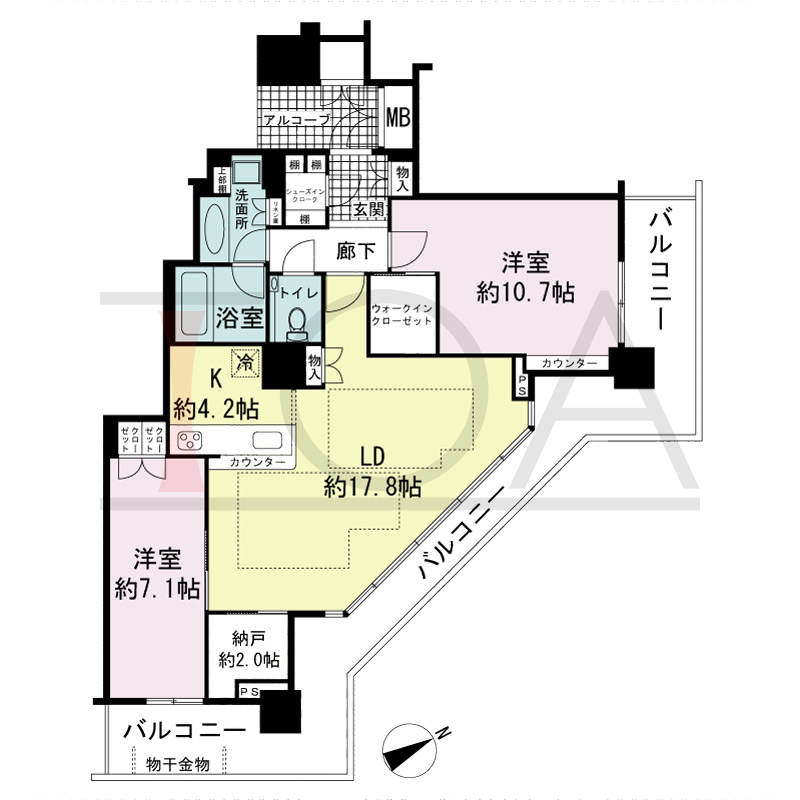 アーバンライフ神戸三宮ザ・タワーの間取り図 全6邸　北東角住戸
2LDK+DEN　専有面積92.30m2
(貯湯タンク置場1.16m2含む)
バルコニー面積29.85m2
アルコーブ面積3.97m2