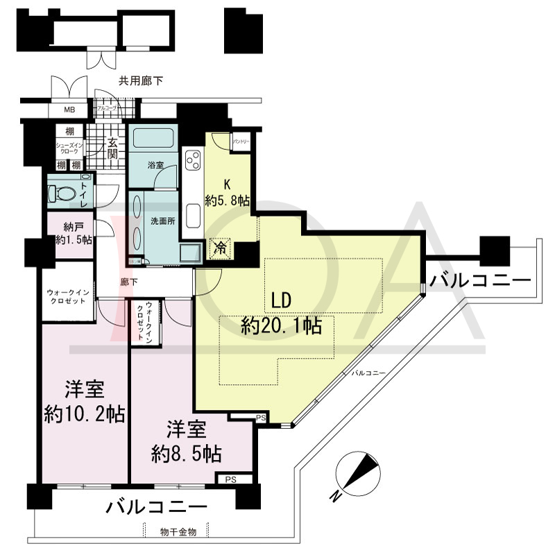 アーバンライフ神戸三宮ザ・タワーの間取り図 全4邸　南西角住戸
2LDK+N　専有面積103.67m2
(貯湯タンク置場1.00m2含む)
バルコニー面積27.98m2
アルコーブ面積1.04m2