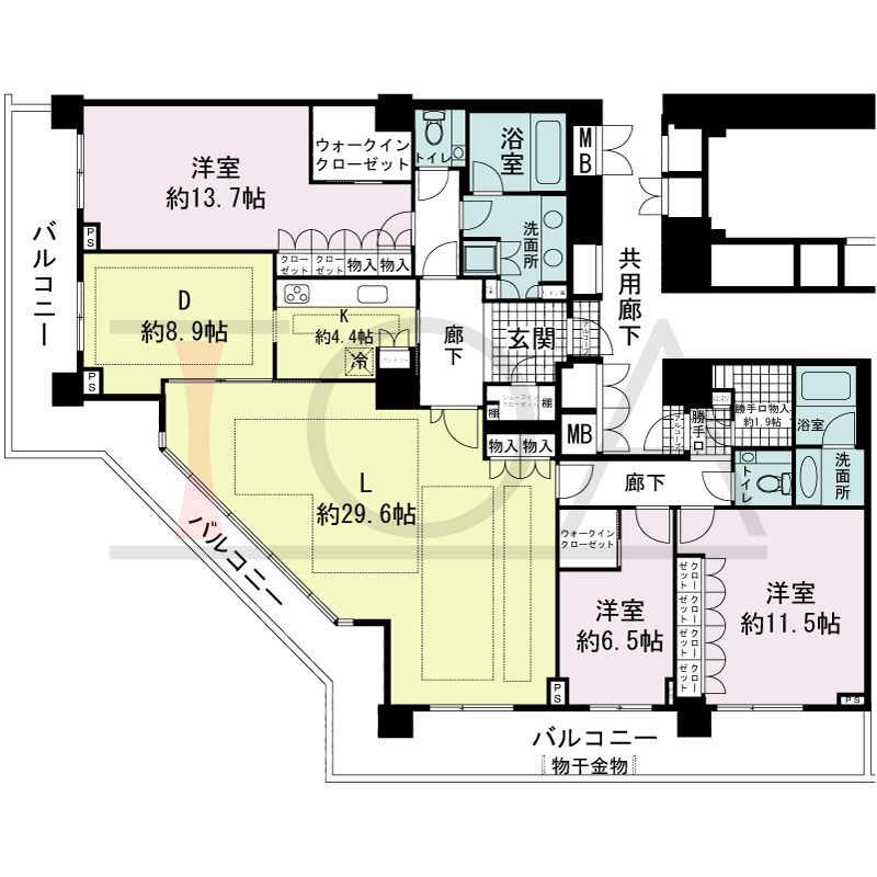 アーバンライフ神戸三宮ザ・タワーの間取り図 プレミアムフロア　南西角住戸
3LDK　専有面積181.10m2
(貯湯タンク置場2.09m2含む)
バルコニー面積46.39m2
アルコーブ面積1.73m2