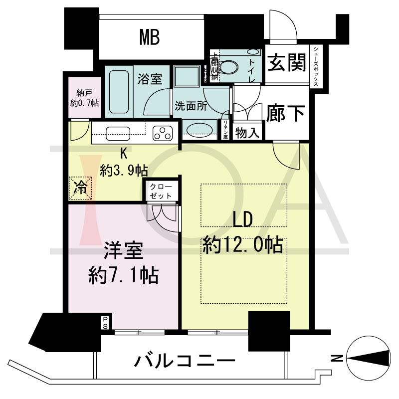 ジークレフ新神戸タワーの間取り図 全10邸 西向き住戸
1LDK+N 専有面積53.11m2
バルコニー面積7.60m2