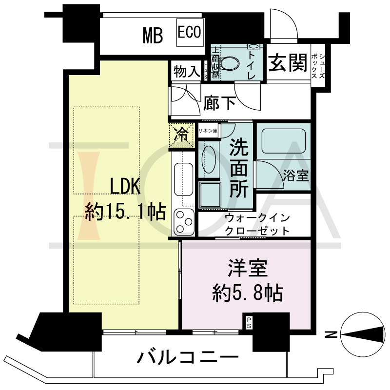 ジークレフ新神戸タワーの間取り図 全9邸 西向き住戸
1LDK 専有面積53.11m2
バルコニー面積7.60m2