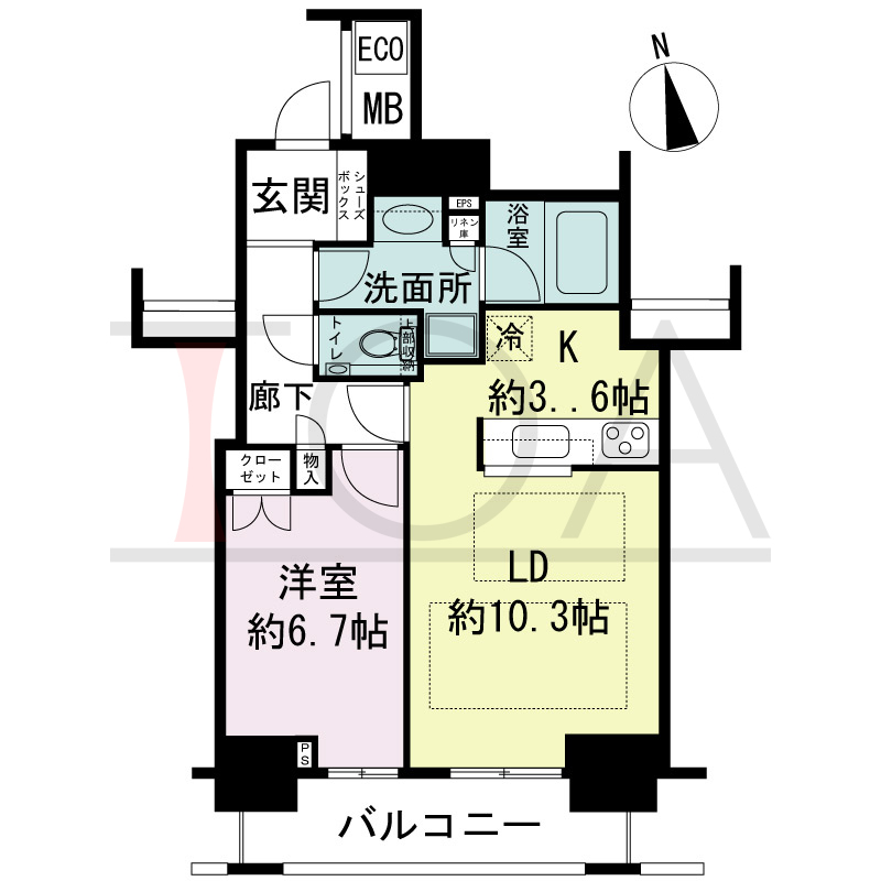ジークレフ新神戸タワーの間取り図 1邸のみ 南向き住戸
1LDK 専有面積50.11m2
バルコニー面積7.55m2