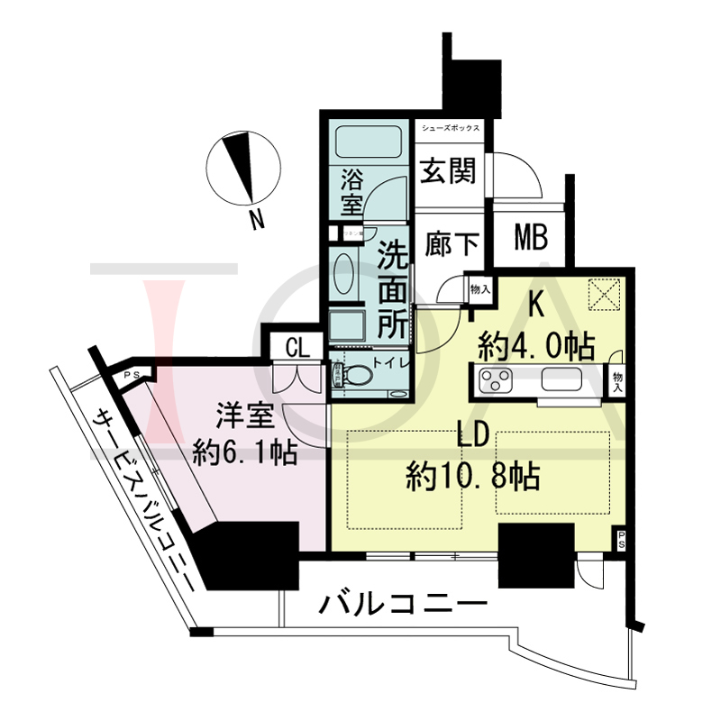 ジークレフ新神戸タワーの間取り図 全15邸 北東角住戸
1LDK 専有面積50.62m2
バルコニー面積10.50m2
サービスバルコニー面積5.28?