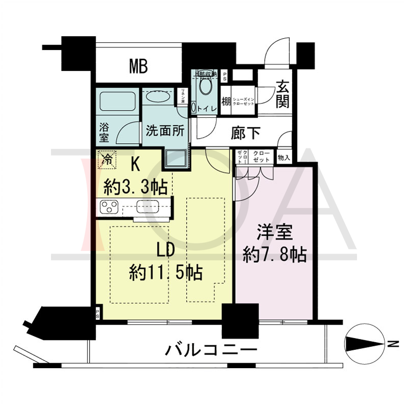 ジークレフ新神戸タワーの間取り図 1邸のみ 東向き住戸
1LDK 専有面積53.25m2
バルコニー面積10.64m2