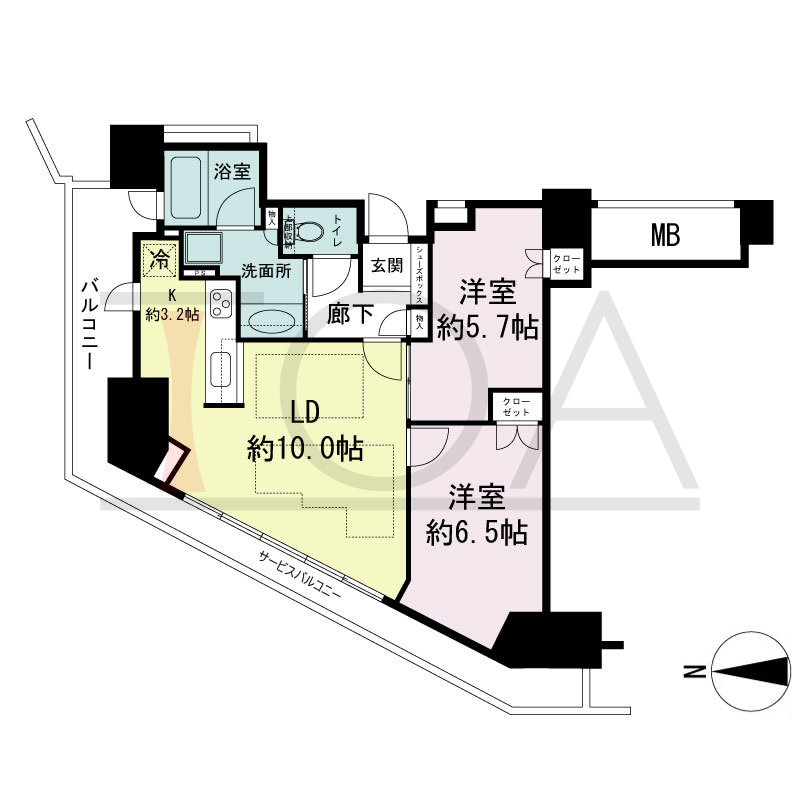 ジークレフ新神戸タワーの間取り図 全19邸 北西角住戸
2LDK 専有面積62.12m2
バルコニー面積6.42m2
サービスバルコニー面積11.11?
