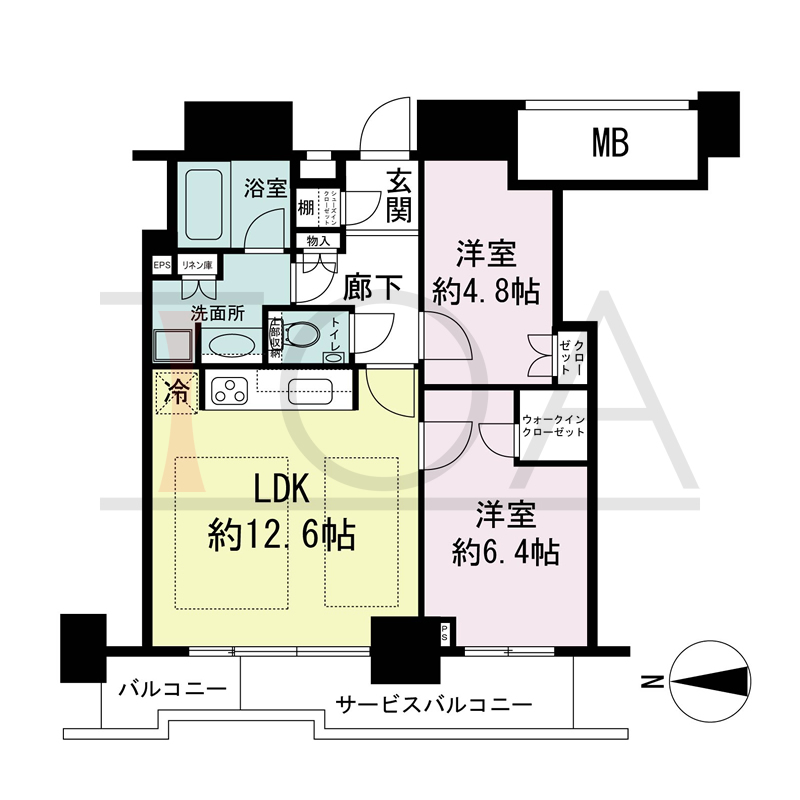 ジークレフ新神戸タワーの間取り図 全19邸 西向き住戸
2LDK 専有面積55.34m2
バルコニー面積2.74m2
サービスバルコニー面積7.30?