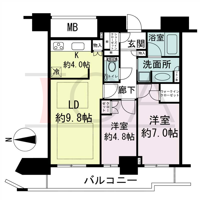 ジークレフ新神戸タワーの間取り図 1邸のみ 西向き住戸
2LDK 専有面積61.05m2
バルコニー面積10.34m2