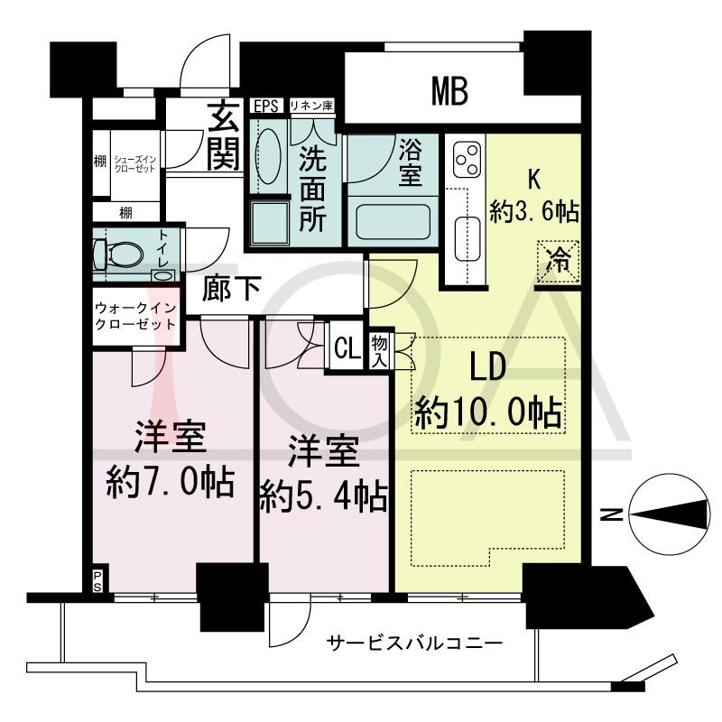 ジークレフ新神戸タワーの間取り図 1邸のみ 西向き住戸
2LDK 専有面積61.61m2
サービスバルコニー面積10.34m2