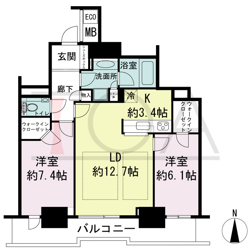 ジークレフ新神戸タワーの間取り図 全14邸 南向き住戸
2LDK 専有面積68.44m2
バルコニー面積12.21m2