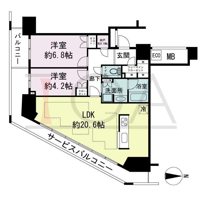 ジークレフ新神戸タワーの間取り図 1邸のみ 南東角住戸
2LDK+N 専有面積74.77m2
バルコニー面積4.25m2
サービスバルコニー面積14.44m2