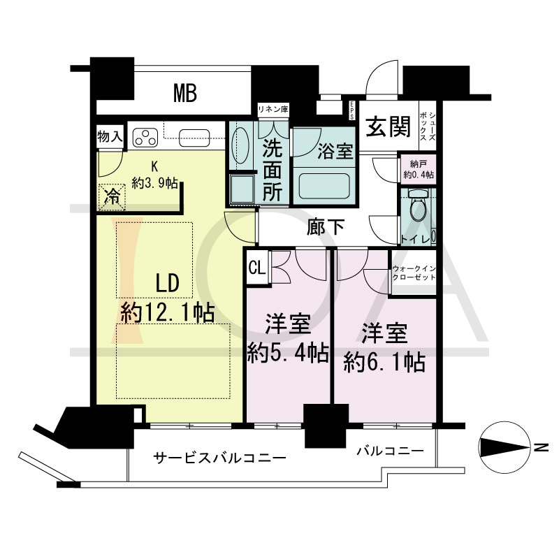 ジークレフ新神戸タワーの間取り図 1邸のみ 東向き住戸
2LDK+N 専有面積65.67m2
バルコニー面積4.27m2
サービスバルコニー面積6.07m2