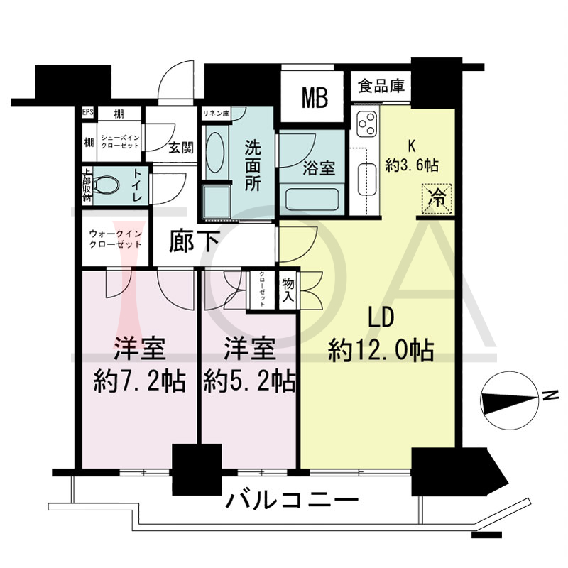 ジークレフ新神戸タワーの間取り図 全10邸 東向き住戸
2LDK 専有面積67.25m2
バルコニー面積10.34m2