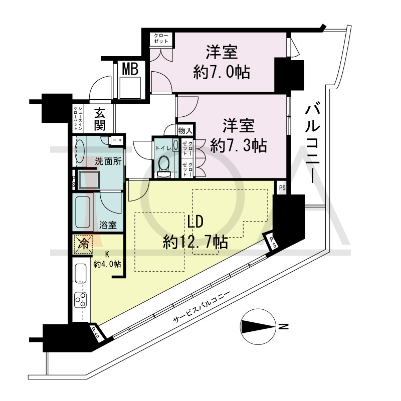 ジークレフ新神戸タワーの間取り図 全10邸 北東角住戸
2LDK 専有面積73.91m2
バルコニー面積10.50m2
サービスバルコニー面積11.04m2