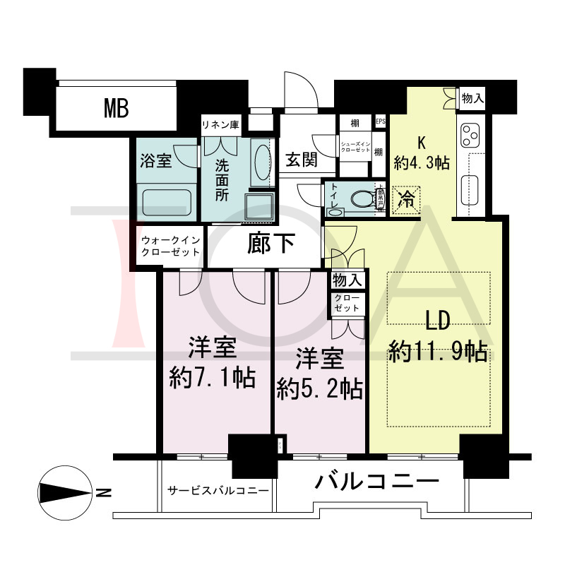 ジークレフ新神戸タワーの間取り図 全15邸 東向き住戸
2LDK 専有面積67.94m2
バルコニー面積9.36m2