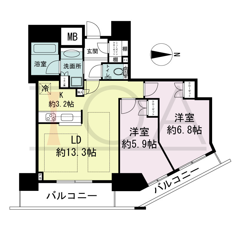 ジークレフ新神戸タワーの間取り図 全15邸 東向き住戸
2LDK 専有面積65.01m2
バルコニー面積7.59m2
サービスバルコニー面積5.72m2