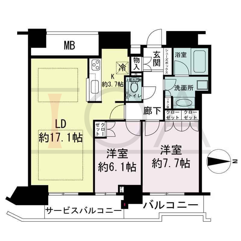 ジークレフ新神戸タワーの間取り図 1邸のみ 東向き住戸
2LDK 専有面積73.90m2
バルコニー面積5.53m2
サービスバルコニー面積6.07m2