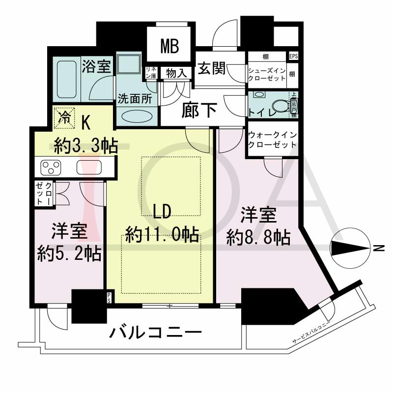 ジークレフ新神戸タワーの間取り図 1邸のみ 東向き住戸
2LDK 専有面積66.40m2
バルコニー面積9.08m2
サービスバルコニー面積3.69m2