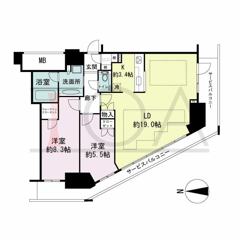 ジークレフ新神戸タワーの間取り図 全24邸 南西角住戸
2LDK 専有面積82.49m2
サービスバルコニー面積19.19m2