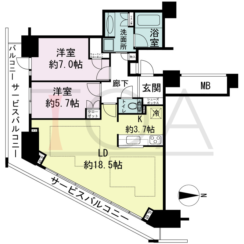 ジークレフ新神戸タワーの間取り図 全10邸 南東角住戸
2LDK 専有面積81.78m2
バルコニー面積3.24m2
サービスバルコニー面積16.06m2