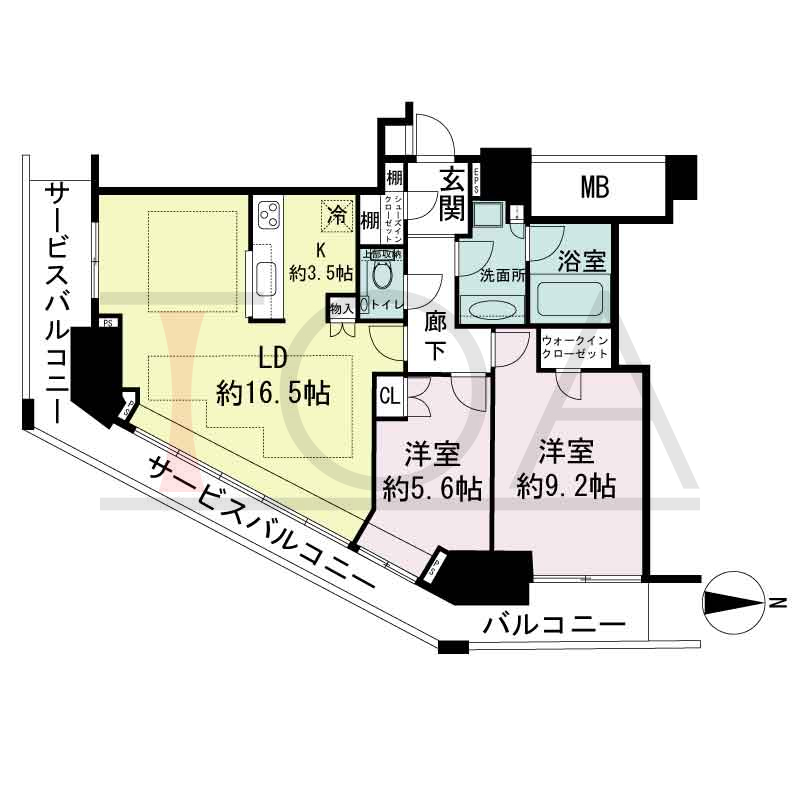 ジークレフ新神戸タワーの間取り図 全15邸 南東角住戸
2LDK 専有面積81.27m2
バルコニー面積3.73m2
サービスバルコニー面積16.05m2