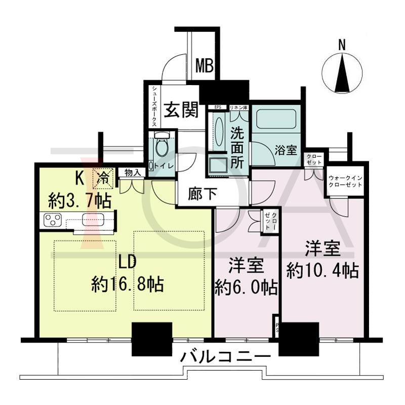 ジークレフ新神戸タワーの間取り図 1邸のみ 南向き住戸
2LDK 専有面積81.66m2
バルコニー面積13.84m2