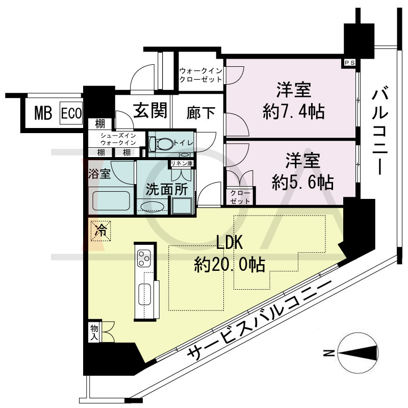 ジークレフ新神戸タワーの間取り図 1邸のみ 南西角住戸
2LDK 専有面積76.33m2
バルコニー面積4.25m2
サービスバルコニー面積14.17m2