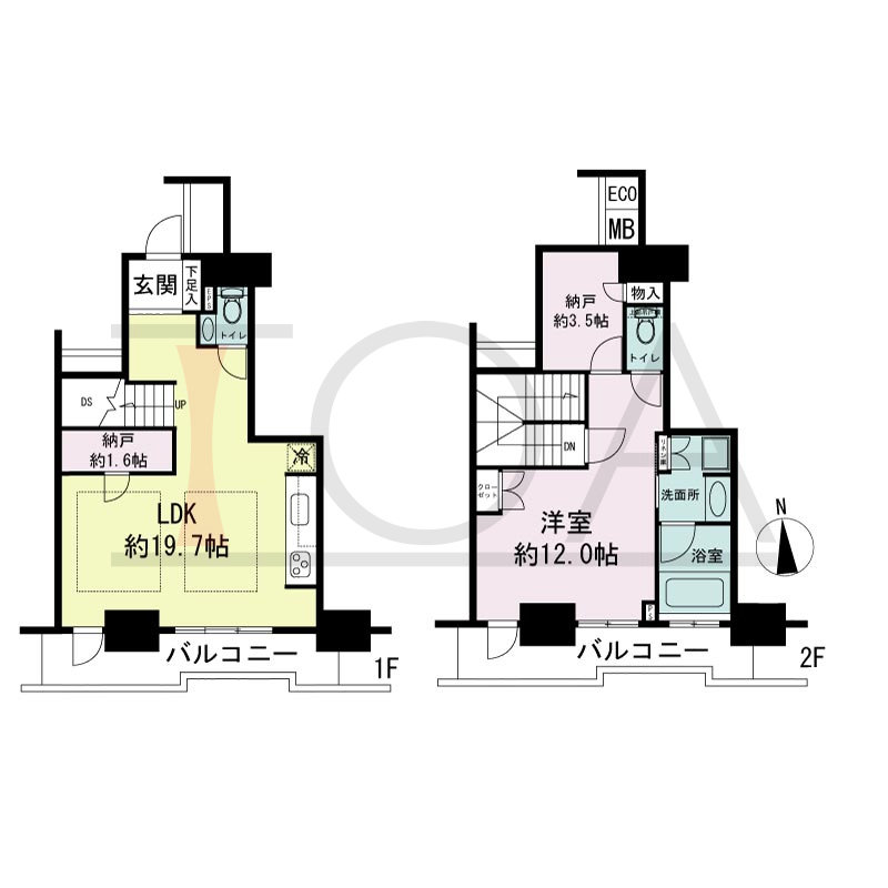 ジークレフ新神戸タワーの間取り図 2邸のみ 南向き住戸
1LDK+2N 専有面積84.37m2
バルコニー面積17.92m2