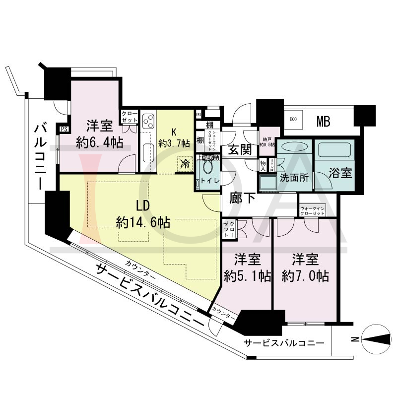 ジークレフ新神戸タワーの間取り図 全5邸 北西角住戸
3LDK 専有面積87.38m2
バルコニー面積6.42m2
サービスバルコニー面積14.08m2