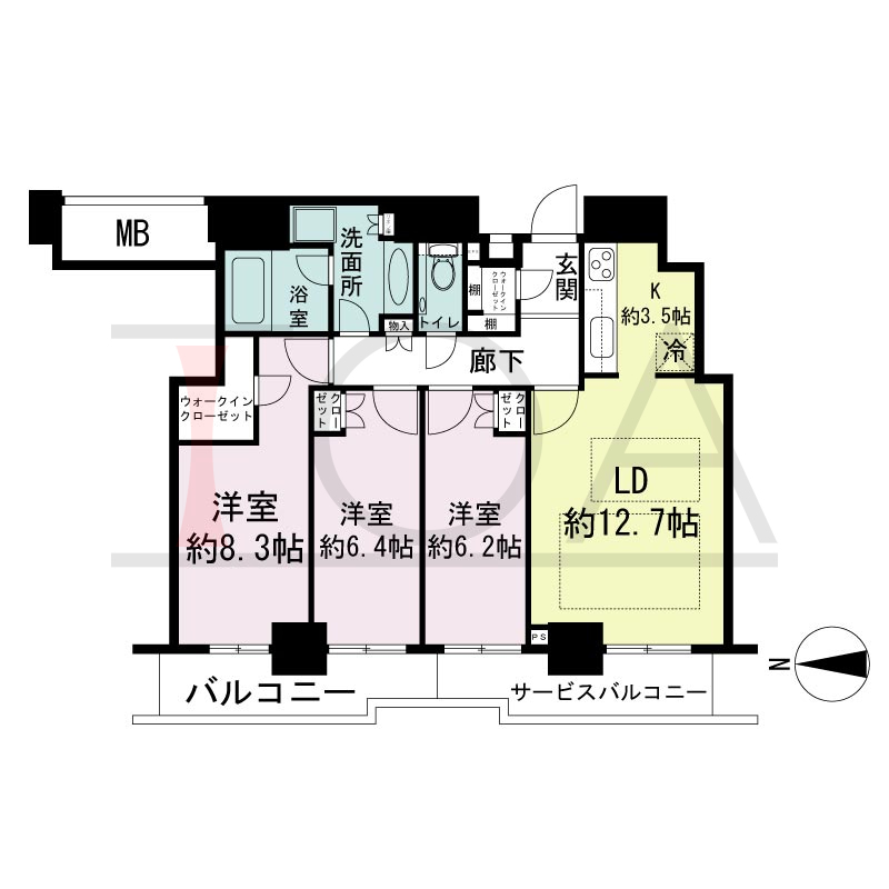 ジークレフ新神戸タワーの間取り図 全5邸 西向き住戸
3LDK 専有面積85.49m2
バルコニー面積7.30m2
サービスバルコニー面積7.30m2