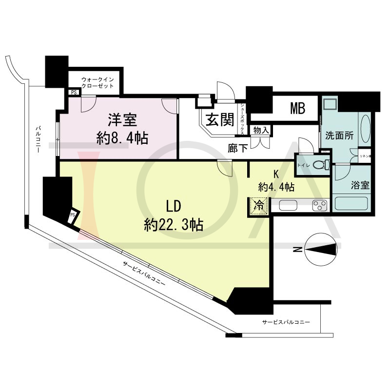 ジークレフ新神戸タワーの間取り図 1邸のみ 北西角住戸
1LDK 専有面積88.42m2
バルコニー面積6.42m2
サービスバルコニー面積18.60m2