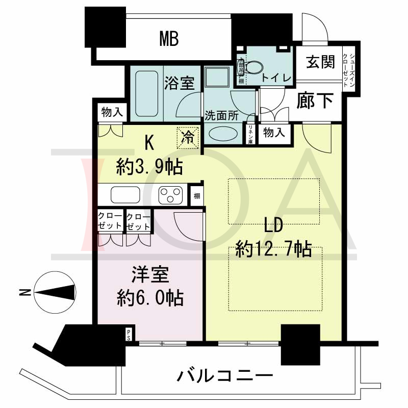 ジークレフ新神戸タワーの間取り図 1邸のみ 西向き住戸
1LDK 専有面積51.39m2
バルコニー面積9.08m2