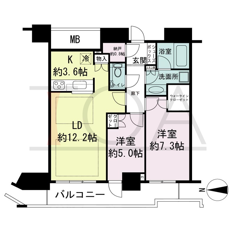 ジークレフ新神戸タワーの間取り図 全6邸 西向き住戸
2LDK+N 専有面積63.86m2
バルコニー面積10.34m2