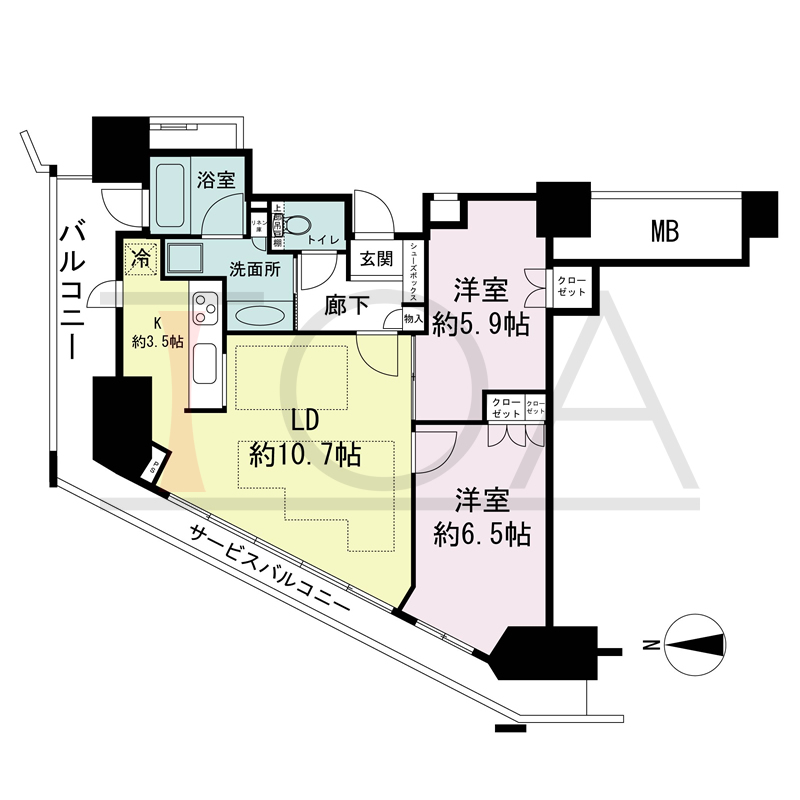 ジークレフ新神戸タワーの間取り図 1邸のみ 北西角住戸
2LDK 専有面積62.55m2
バルコニー面積6.42m2
サービスバルコニー面性11.04m2