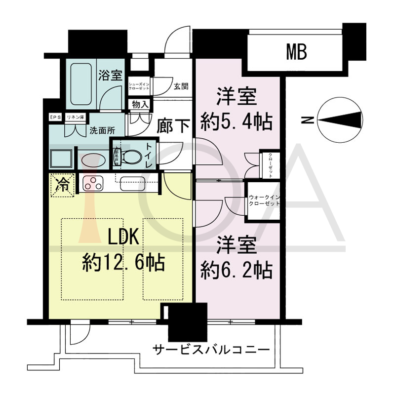 ジークレフ新神戸タワーの間取り図 1邸のみ 西向き住戸
2LDK 専有面積55.81m2
サービスバルコニー面性8.57m2