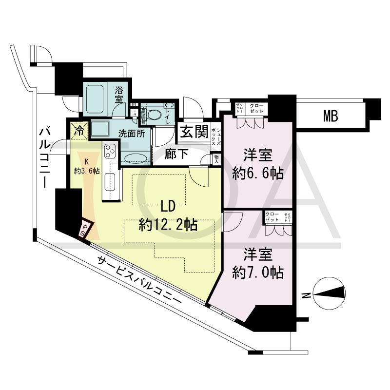 ジークレフ新神戸タワーの間取り図 全6邸 北西角住戸
2LDK 専有面積68.69m2
バルコニー面積6.42m2
サービスバルコニー面性11.04m2