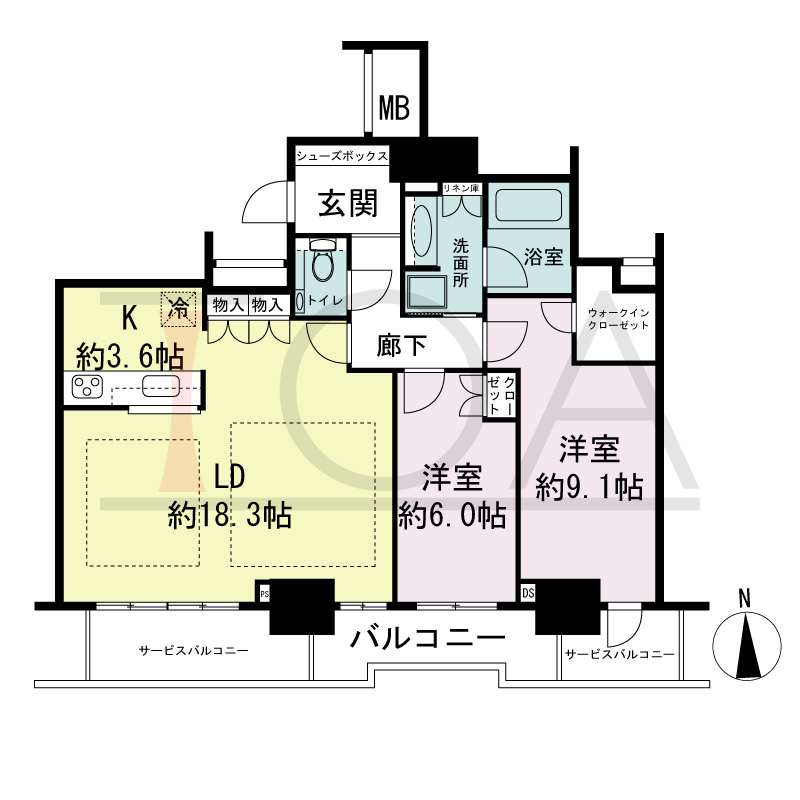 ジークレフ新神戸タワーの間取り図 全6邸 南向き住戸
2LDK 専有面積82.24m2
バルコニー面積5.71m2
サービスバルコニー面性9.26m2