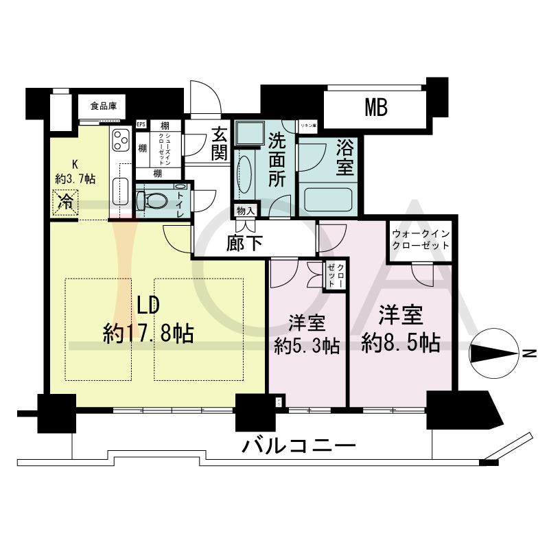ジークレフ新神戸タワーの間取り図 全7邸 東向き住戸
2LDK 専有面積82.48m2
バルコニー面積13.09m2