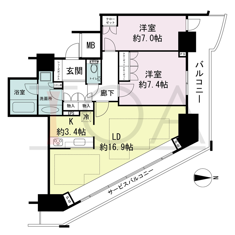ジークレフ新神戸タワーの間取り図 全7邸 北東角住戸
2LDK 専有面積82.67m2
バルコニー面積10.50m2
サービスバルコニー面性11.04m2