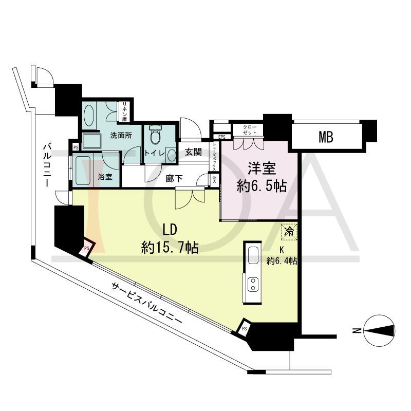 ジークレフ新神戸タワーの間取り図 全3邸 北西角住戸
1LDK 専有面積71.10m2
バルコニー面積6.42m2
サービスバルコニー面性11.04m2