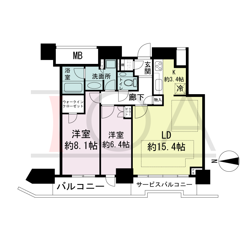 ジークレフ新神戸タワーの間取り図 全3邸 西向き住戸
2LDK 専有面積71.10m2
バルコニー面積7.59m2
サービスバルコニー面性5.50m2