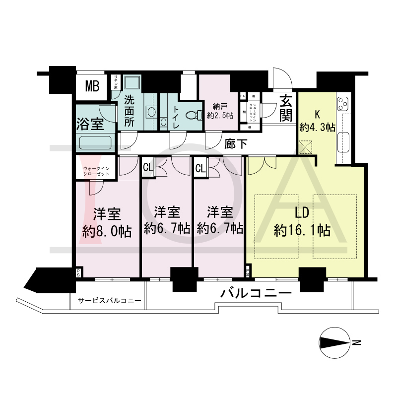 ジークレフ新神戸タワーの間取り図 全3邸 東向き住戸
3LDK+N 専有面積100.14m2
バルコニー面積11.57m2
サービスバルコニー面性4.55m2