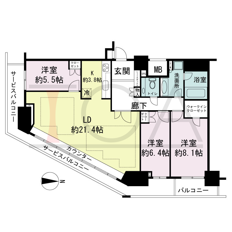 ジークレフ新神戸タワーの間取り図 全6邸 南東角住戸
3LDK 専有面積105.60m2
バルコニー面積4.20m2
サービスバルコニー面性19.10m2