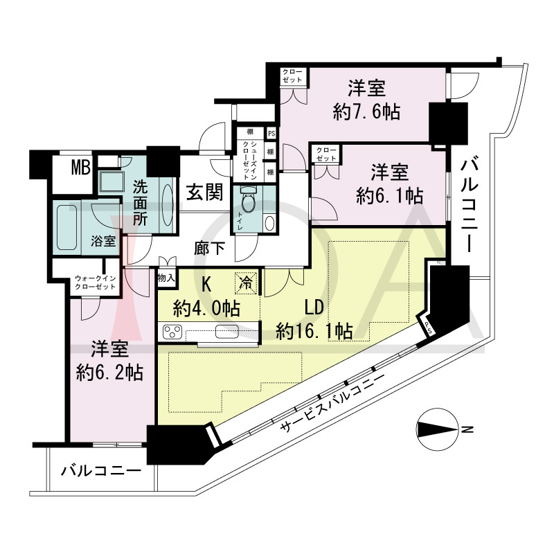 ジークレフ新神戸タワーの間取り図 全3邸 北東角住戸
3LDK 専有面積105.00m2
バルコニー面積15.05m2
サービスバルコニー面性11.04m2