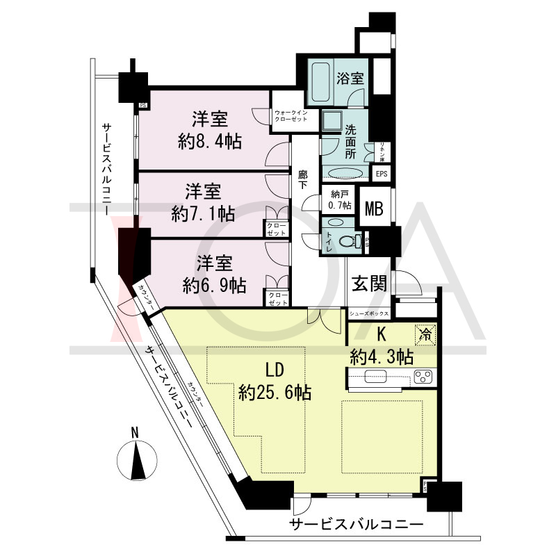 ジークレフ新神戸タワーの間取り図 全3邸 南西角住戸
3LDK+N 専有面積119.11m2
サービスバルコニー面性26.91m2